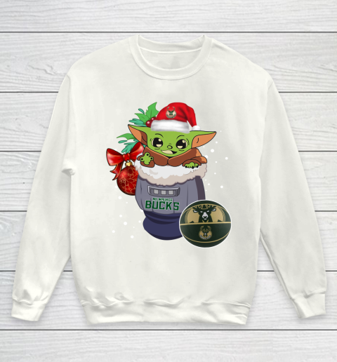 Milwaukee Bucks Christmas Baby Yoda Star Wars Funny Happy NBA Youth Sweatshirt 2