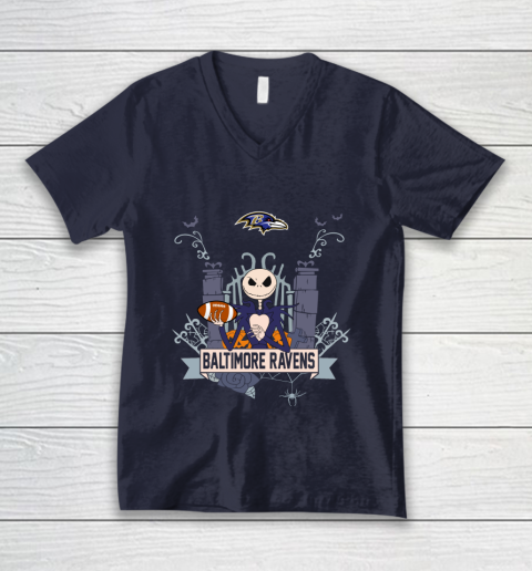 NFL Baltimore Ravens Football Jack Skellington Halloween V-Neck T-Shirt 2