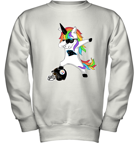 Football Dabbing Unicorn Steps On Helmet Carolina Panthers Youth Sweatshirt