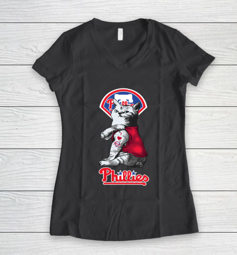 MLB Baseball My Cat Loves Philadelphia Phillies Women's V-Neck T-Shirt 6