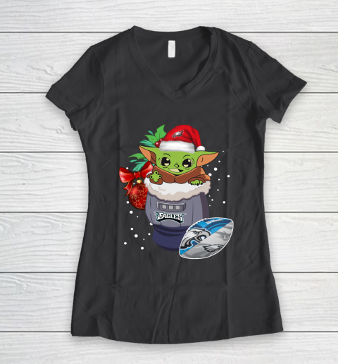 Philadelphia Eagles Christmas Baby Yoda Star Wars Funny Happy NFL Women's V-Neck T-Shirt 8