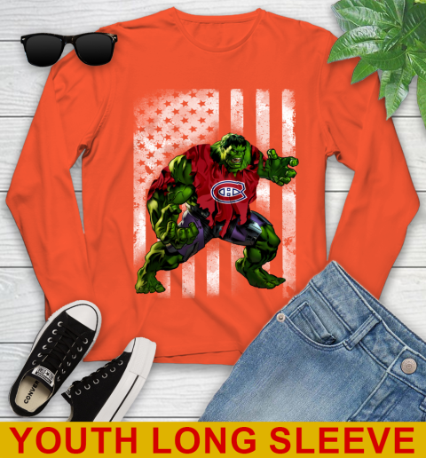 Montreal Canadiens Hulk Marvel Avengers NHL Hockey American Flag Youth Long Sleeve 3
