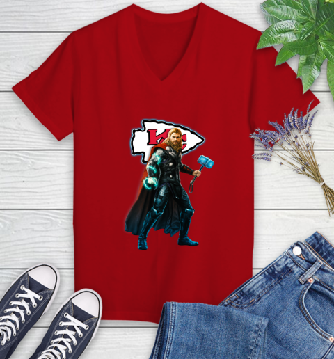 NFL Thor Avengers Endgame Football Kansas City Chiefs Women's V-Neck T-Shirt 12