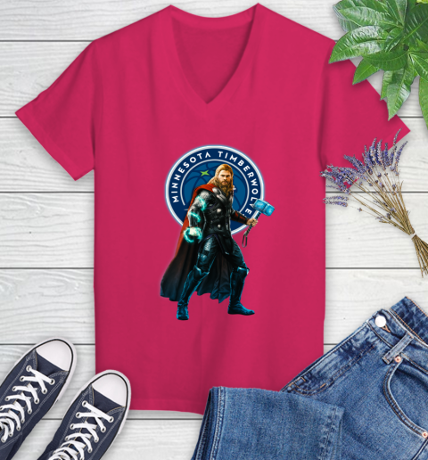 NBA Thor Avengers Endgame Basketball Minnesota Timberwolves Women's V-Neck T-Shirt 9