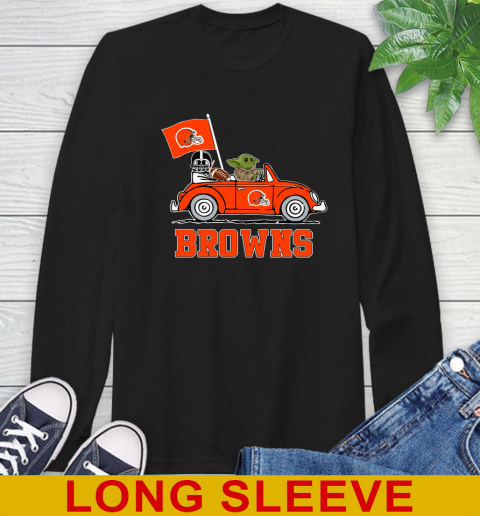 NFL Football Cleveland Browns Darth Vader Baby Yoda Driving Star Wars Shirt Long Sleeve T-Shirt 2