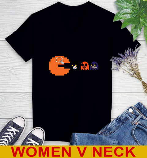 Cleveland Browns NFL Football Pac Man Champion Women's V-Neck T-Shirt 2