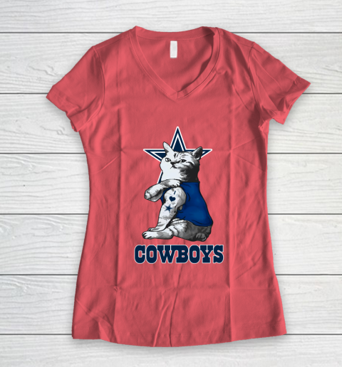 NFL Football My Cat Loves Dallas Cowboys Women's V-Neck T-Shirt 4