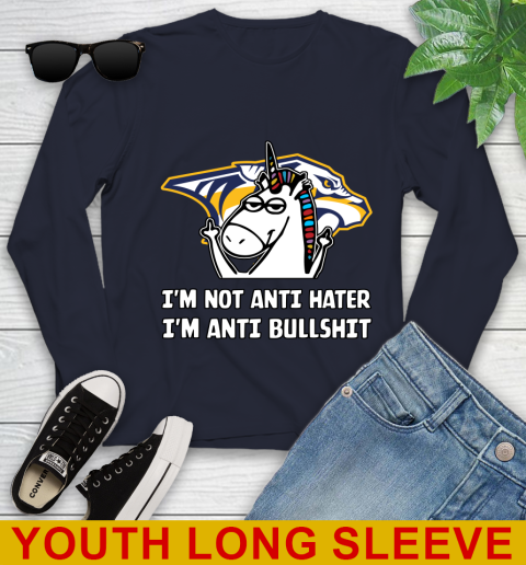 Nashville Predators NHL Hockey Unicorn I'm Not Anti Hater I'm Anti Bullshit Youth Long Sleeve 3