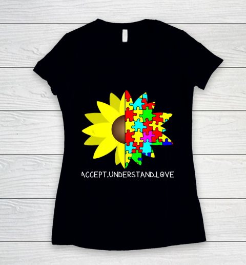 Autism Awareness Sunflower Accept Understand Love Women's V-Neck T-Shirt