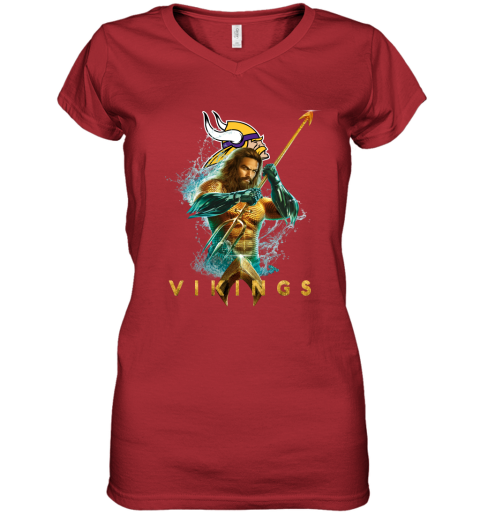 NFL Minnesota Vikings Aquaman DC Football Sports 3JTl3RsmGqZ women v neck t shirt 39 95 151514 front red