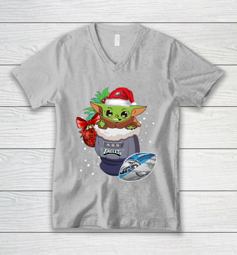 Philadelphia Eagles Christmas Baby Yoda Star Wars Funny Happy NFL V-Neck T-Shirt 4