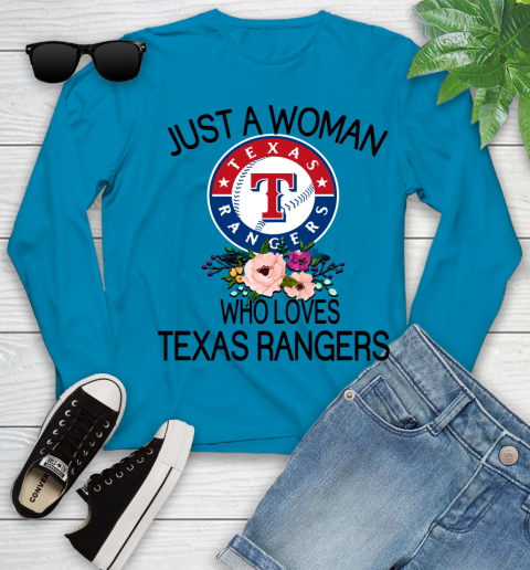 MLB Just A Woman Who Loves Texas Rangers Baseball Sports Youth Long Sleeve 5