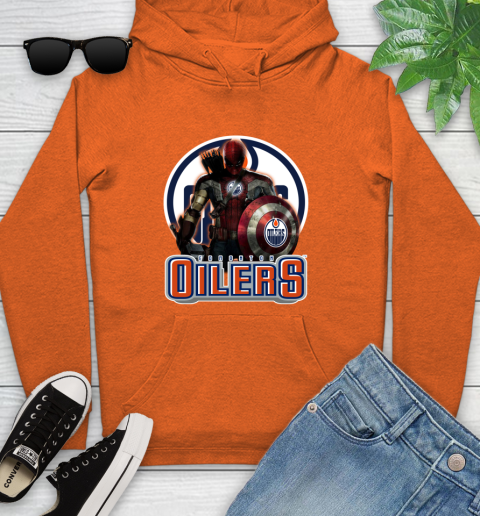 NHL Captain America Thor Spider Man Hawkeye Avengers Endgame Hockey Edmonton Oilers Youth Hoodie 5