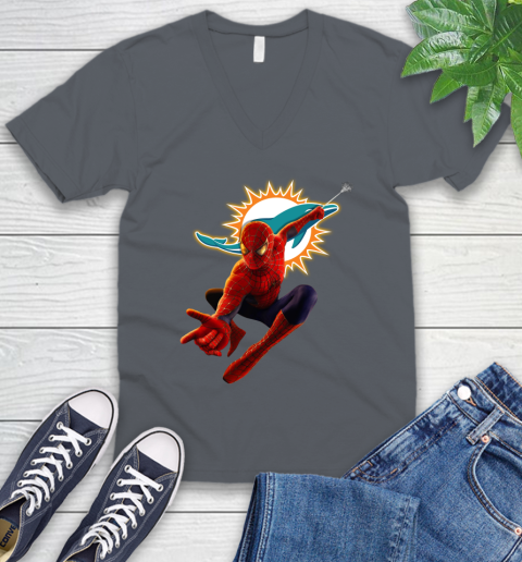 NFL Spider Man Avengers Endgame Football Miami Dolphins V-Neck T-Shirt 5