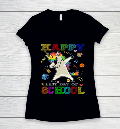 Happy Last Day Of School Shirt Unicorn Dabbing Women's V-Neck T-Shirt