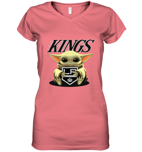 tbjv baby yoda hugs the los angeles kings women v neck t shirt 39 front coral