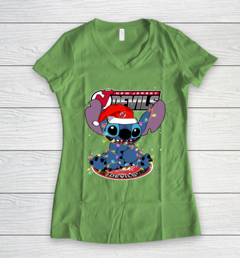 New Jersey Devils NHL Hockey noel stitch Christmas Women's V-Neck T-Shirt 5