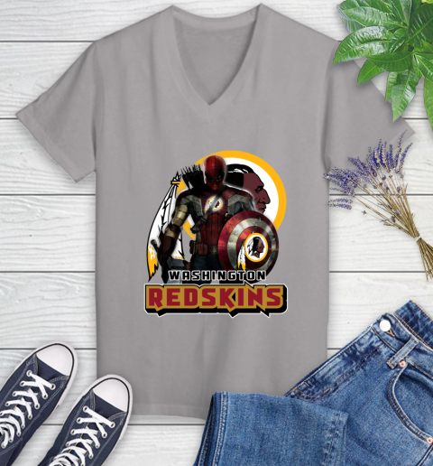 NFL Captain America Thor Spider Man Hawkeye Avengers Endgame Football Washington Redskins Women's V-Neck T-Shirt 4
