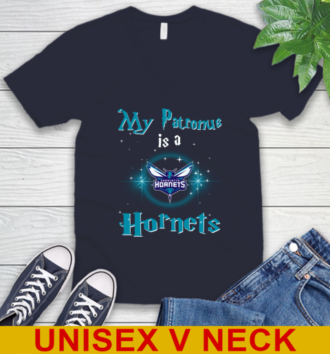 NBA Basketball Harry Potter My Patronus Is A Charlotte Hornets V-Neck T-Shirt 2