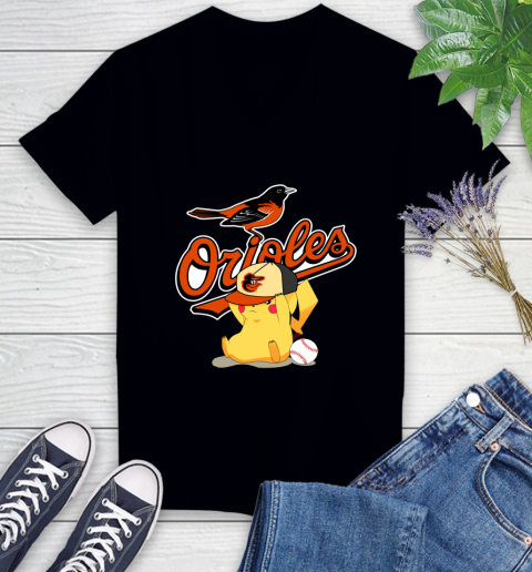 MLB Pikachu Baseball Sports Baltimore Orioles Women's V-Neck T-Shirt 2