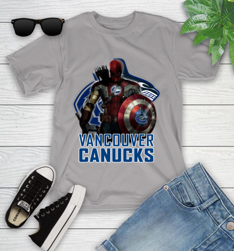 NHL Captain America Thor Spider Man Hawkeye Avengers Endgame Hockey Vancouver Canucks Youth T-Shirt 4