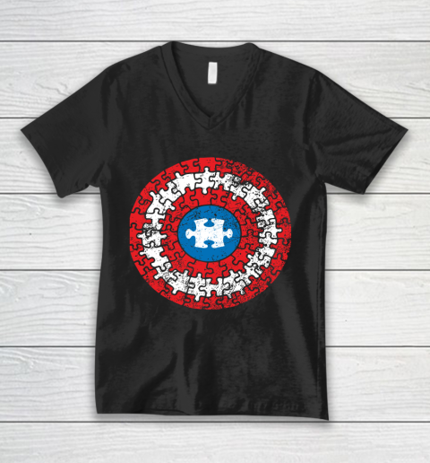 Autism Awareness Captain Autism Puzzle Shield V-Neck T-Shirt