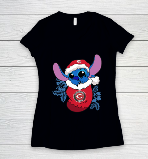 Cincinnati Reds Christmas Stitch In The Sock Funny Disney MLB Women's V-Neck T-Shirt