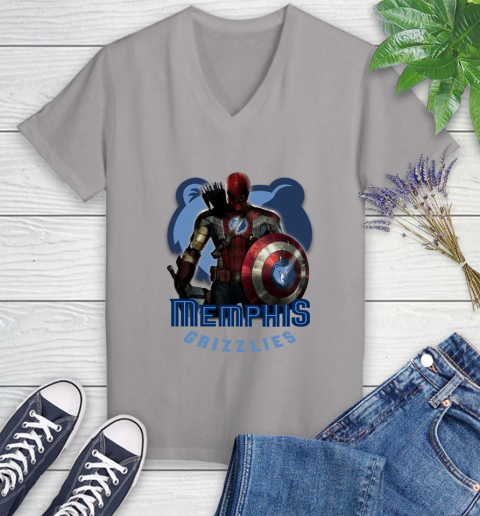 Memphis Grizzlies NBA Basketball Captain America Thor Spider Man Hawkeye Avengers Women's V-Neck T-Shirt 4