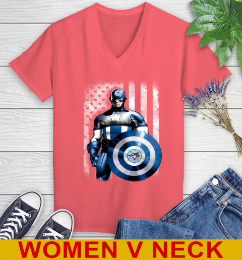 Toronto Blue Jays MLB Baseball Captain America Marvel Avengers American Flag Shirt Women's V-Neck T-Shirt 6