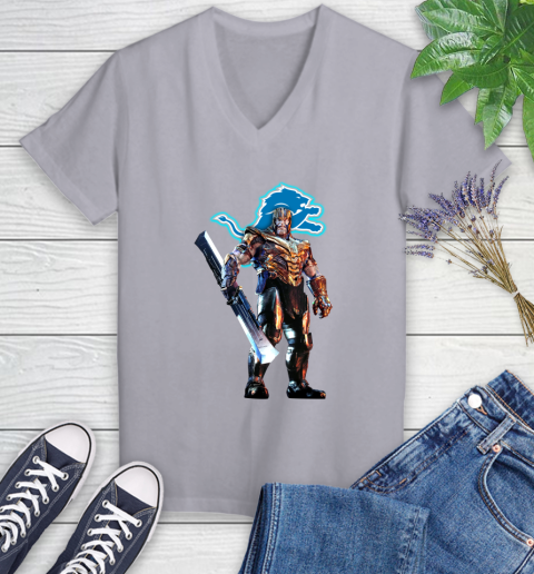 NFL Thanos Gauntlet Avengers Endgame Football Detroit Lions Women's V-Neck T-Shirt 4