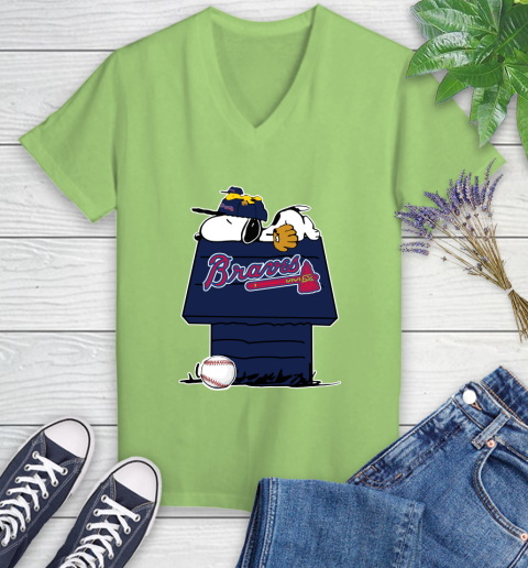 MLB Atlanta Braves Snoopy Woodstock The Peanuts Movie Baseball T Shirt Women's V-Neck T-Shirt 11