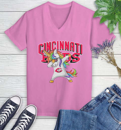 Cincinnati Reds MLB Baseball Funny Unicorn Dabbing Sports Women's V-Neck T-Shirt 14