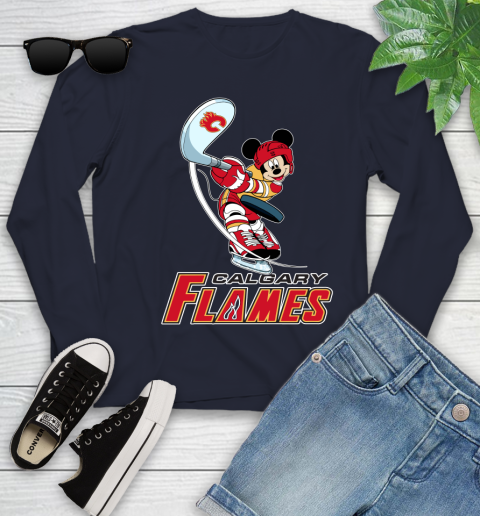 NHL Hockey Calgary Flames Cheerful Mickey Mouse Shirt Youth Long Sleeve 3