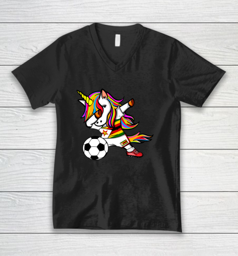 Dabbing Unicorn Zimbabwe Football Zimbabwean Flag Soccer V-Neck T-Shirt