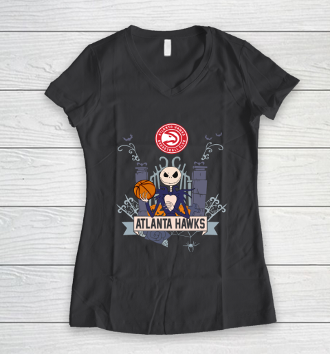 NBA Atlanta Hawks Basketball Jack Skellington Halloween Women's V-Neck T-Shirt 6