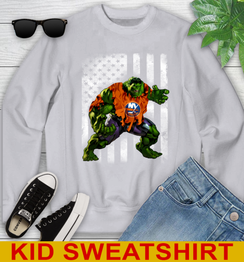 New York Islanders Hulk Marvel Avengers NHL Hockey American Flag Youth Sweatshirt 3