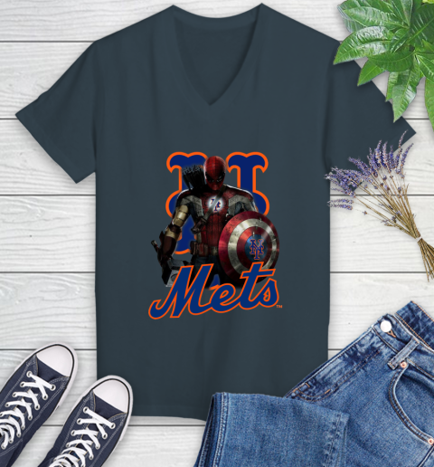 MLB Captain America Thor Spider Man Hawkeye Avengers Endgame Baseball New York Mets Women's V-Neck T-Shirt 8