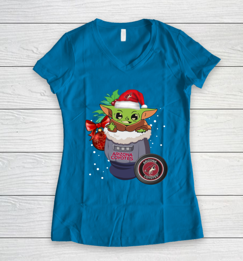 Arizona Coyotes Christmas Baby Yoda Star Wars Funny Happy NHL Women's V-Neck T-Shirt 7