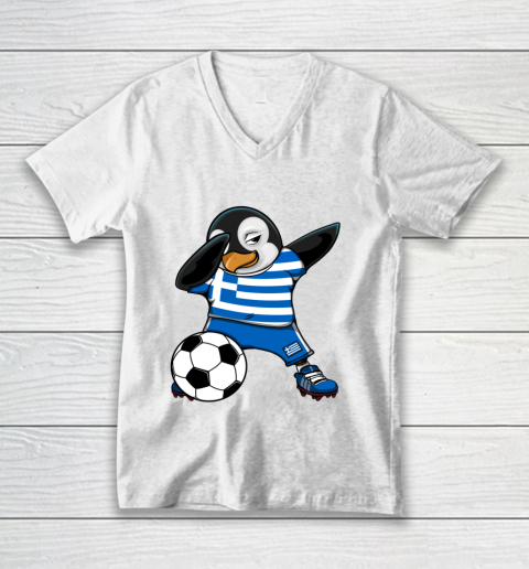 Dabbing Penguin Greece Soccer Fans Jersey Football Lovers V-Neck T-Shirt
