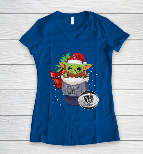 Brooklyn Nets Christmas Baby Yoda Star Wars Funny Happy NBA Women's V-Neck T-Shirt 9