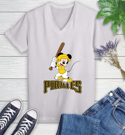 MLB Baseball Pittsburgh Pirates Cheerful Mickey Mouse Shirt Women's V-Neck T-Shirt 2