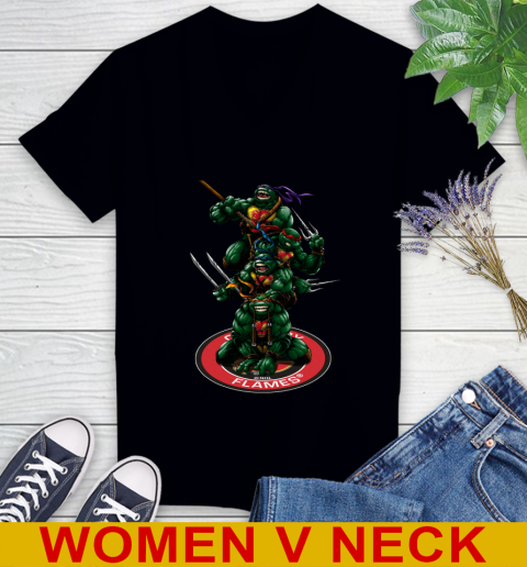 NHL Hockey Calgary Flames Teenage Mutant Ninja Turtles Shirt Women's V-Neck T-Shirt 2