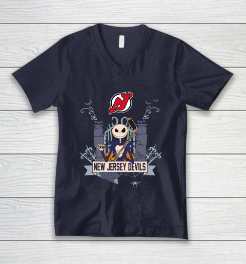 NHL New Jersey Devils Hockey Jack Skellington Halloween V-Neck T-Shirt 2