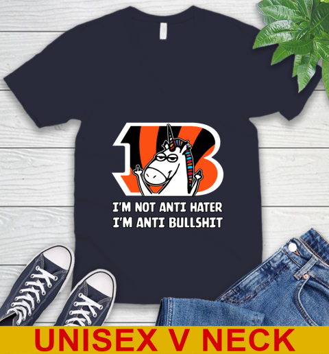 Cincinnati Bengals NFL Football Unicorn I'm Not Anti Hater I'm Anti Bullshit V-Neck T-Shirt 3
