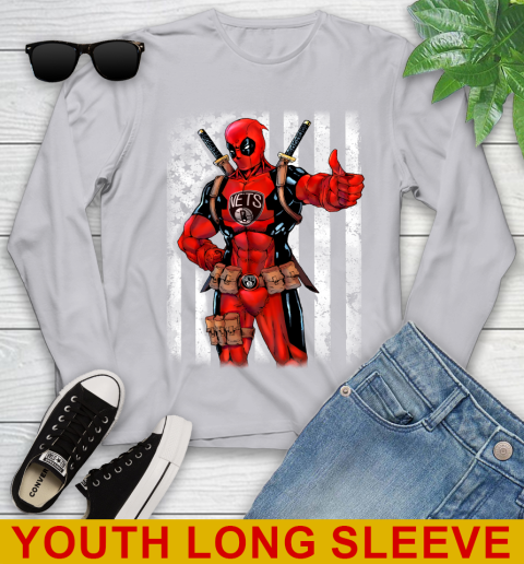 NBA Basketball Brooklyn Nets Deadpool American Flag Shirt Youth Long Sleeve 5