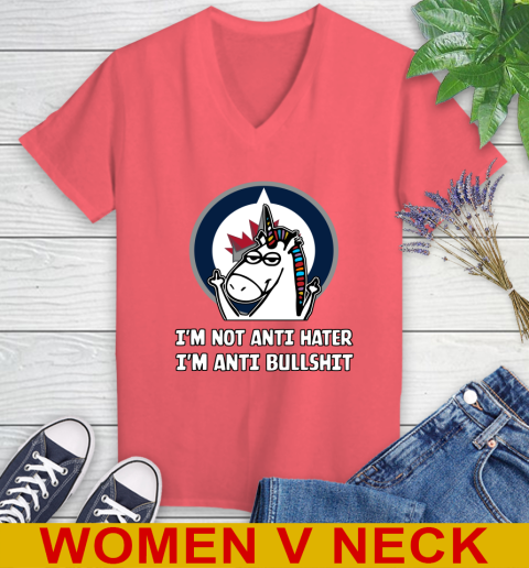 Winnipeg Jets NHL Hockey Unicorn I'm Not Anti Hater I'm Anti Bullshit Women's V-Neck T-Shirt 7
