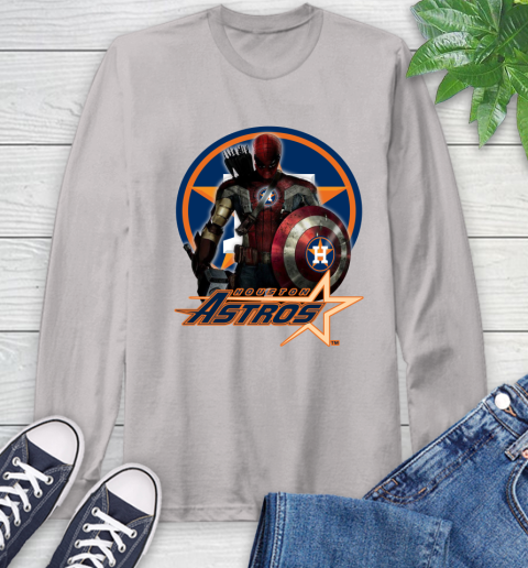 MLB Captain America Thor Spider Man Hawkeye Avengers Endgame Baseball Houston Astros Long Sleeve T-Shirt 12