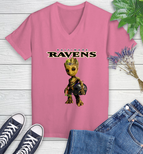 Baltimore Ravens NFL Football Groot Marvel Guardians Of The Galaxy Women's V-Neck T-Shirt 13