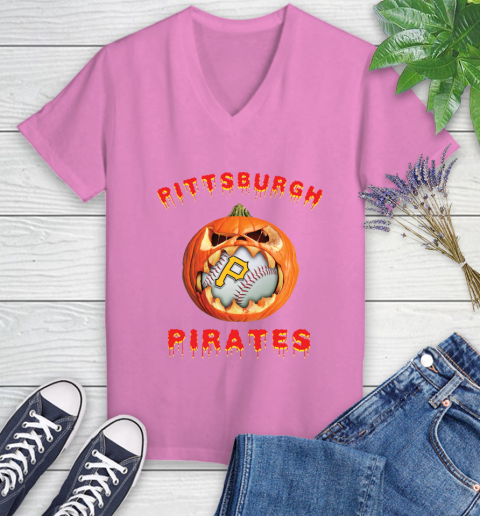 MLB Pittsburgh Pirates Halloween Pumpkin Baseball Sports Women's V-Neck T-Shirt 14