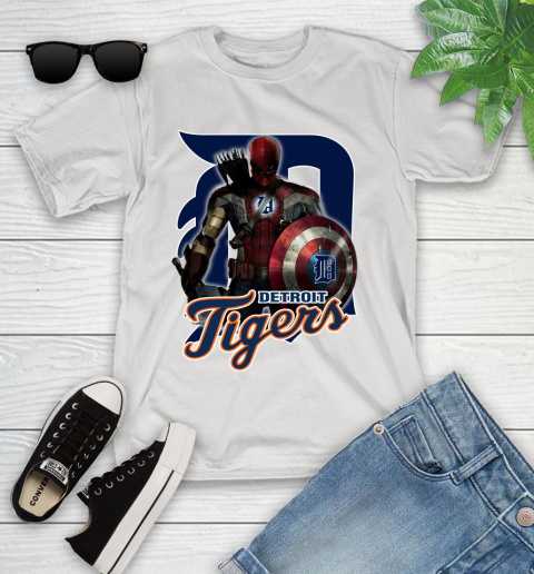 MLB Captain America Thor Spider Man Hawkeye Avengers Endgame Baseball Detroit Tigers Youth T-Shirt
